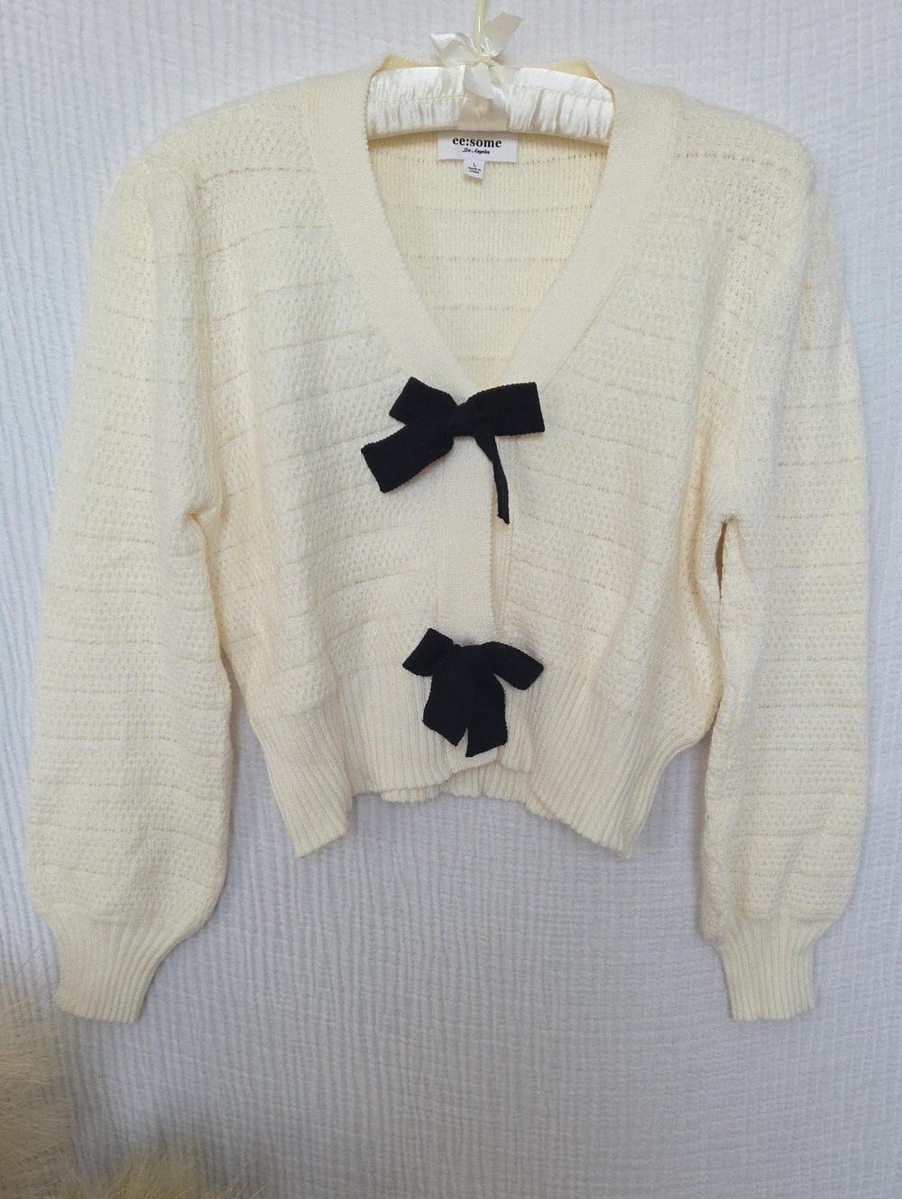 Cream Knit Cardigan with Black Bows